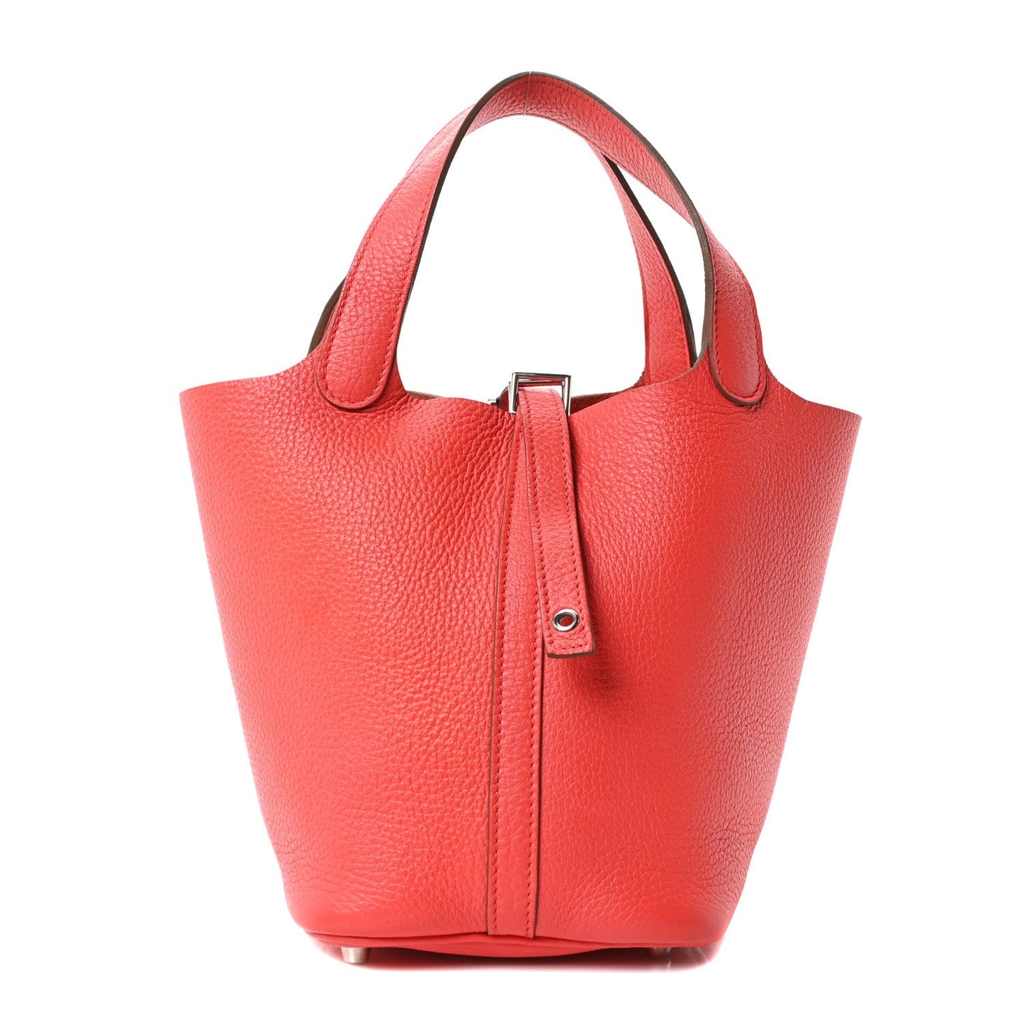 Red leather tote bag with top handles and front vertical clasp tab