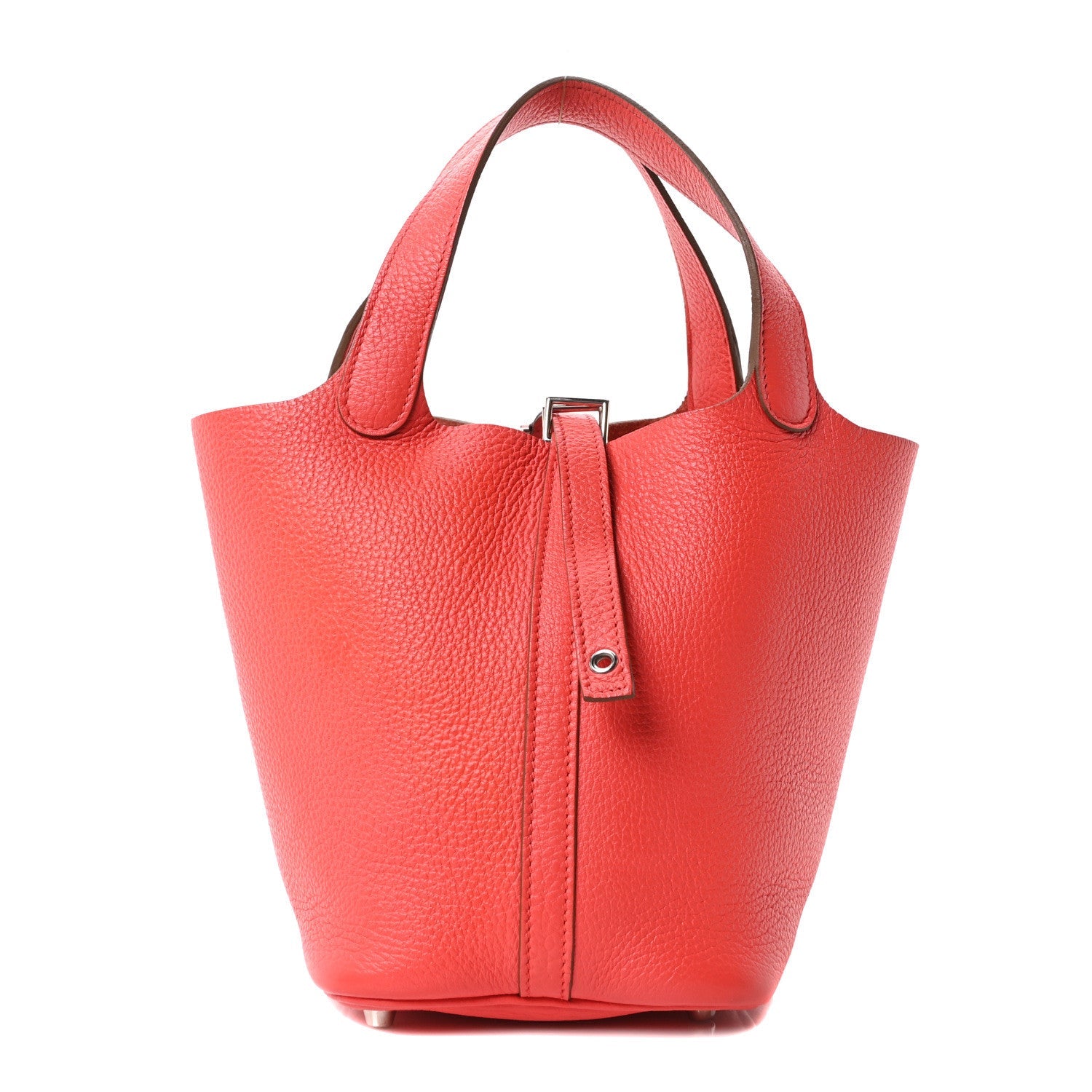 Red leather tote bag with top handles and front vertical clasp tab