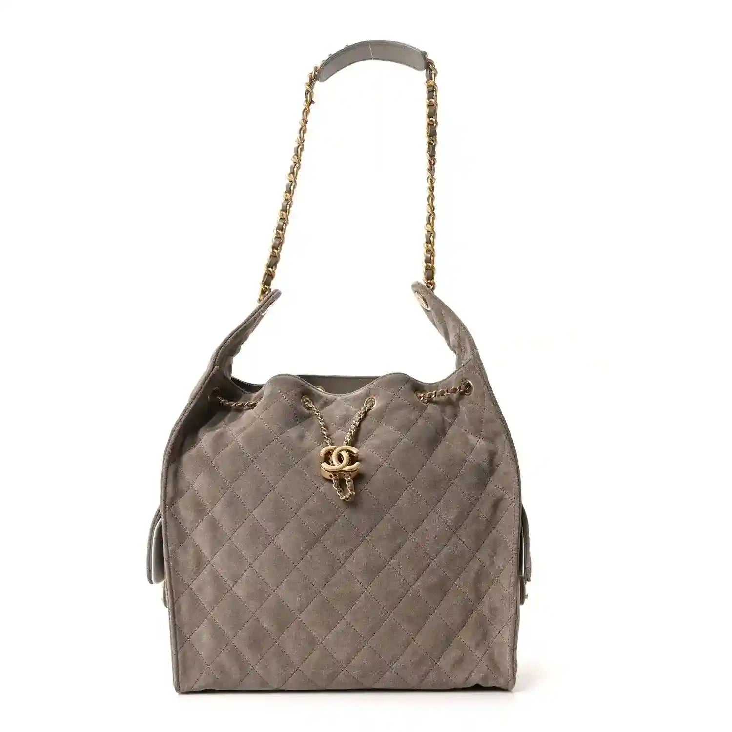 Chanel quilted suede shoulder bag, dark grey, chain top handle, CC clasp