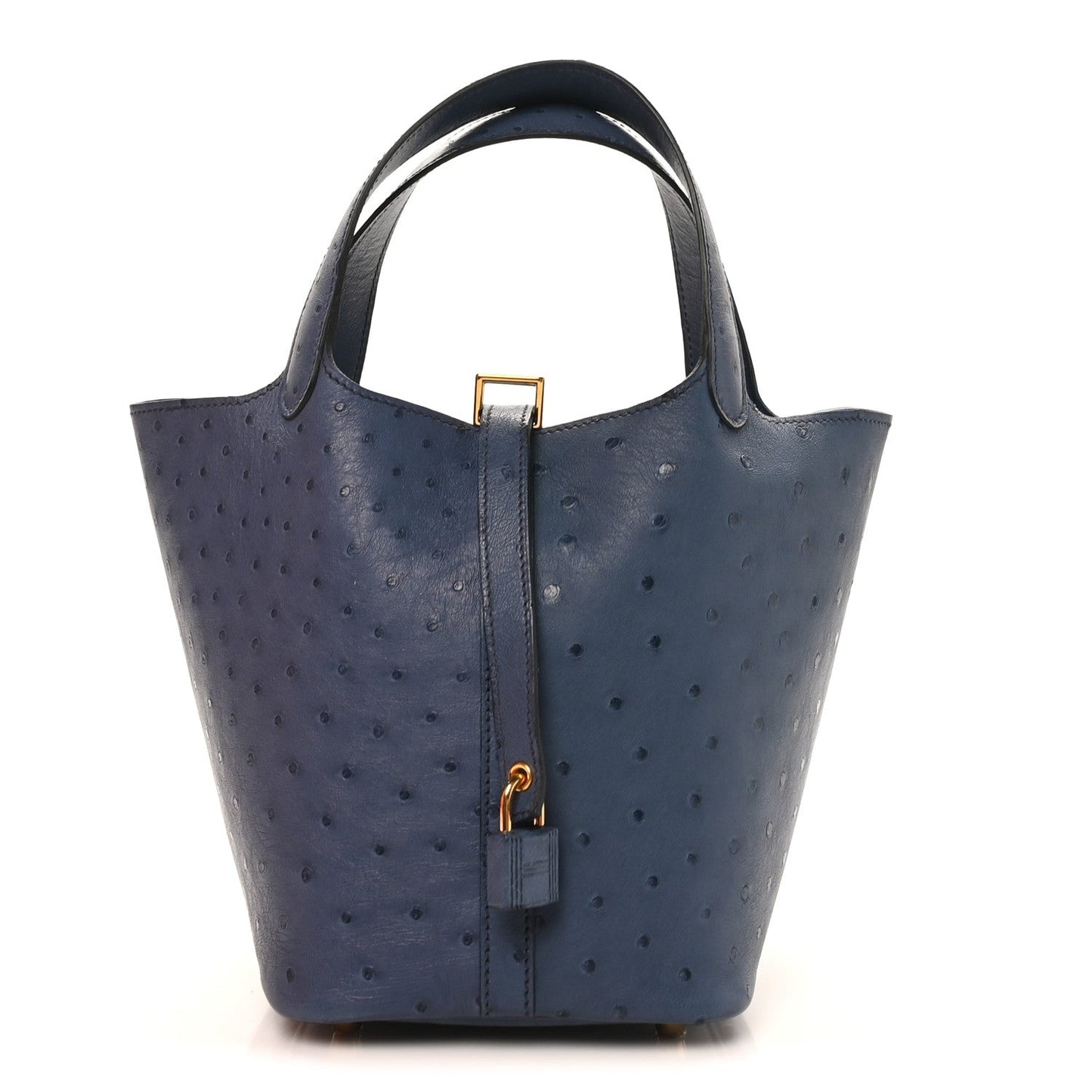 Blue ostrich leather Picotin Lock bucket bag with top handle and gold front clasp