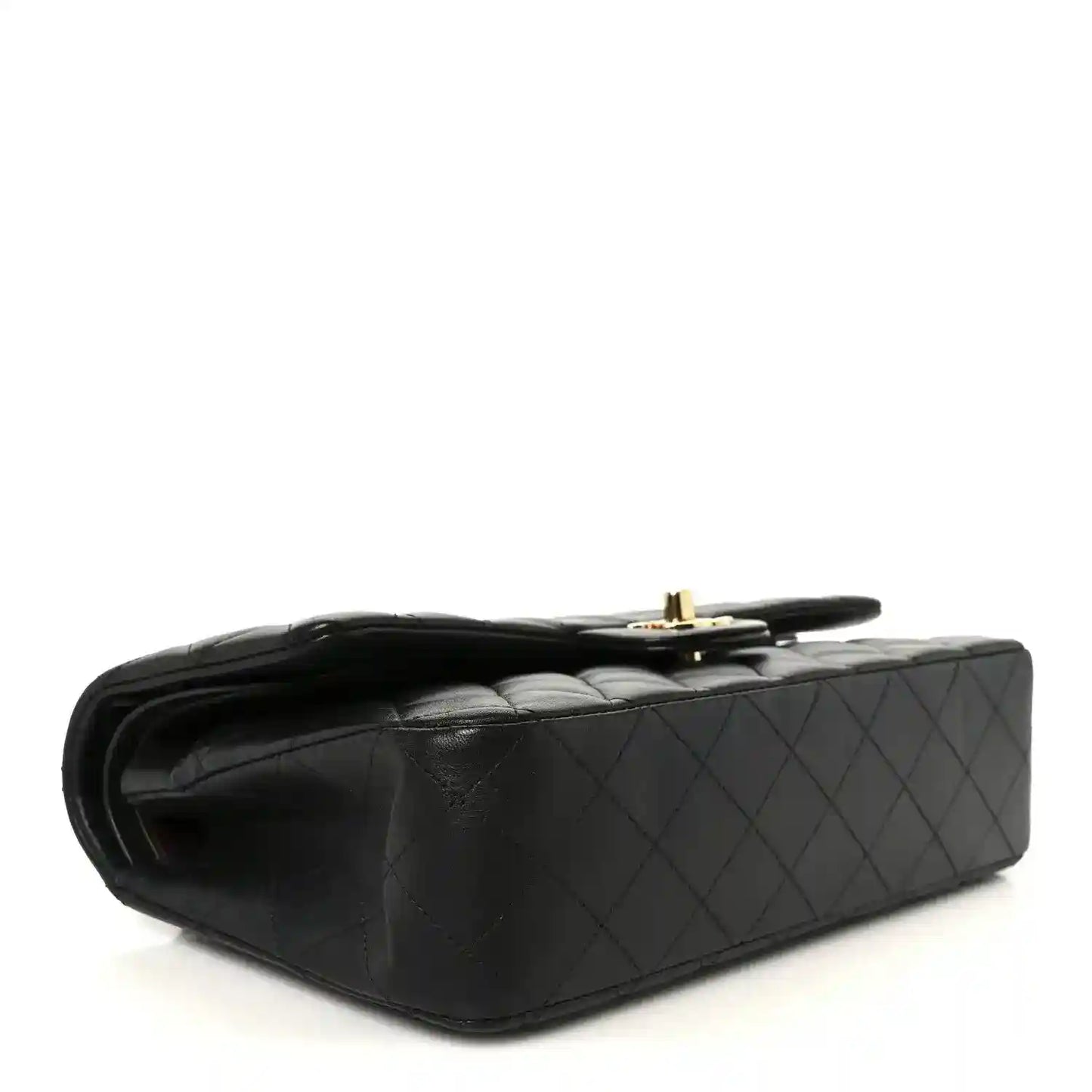 Chanel black quilted lambskin double flap bag, side view with gold hardware