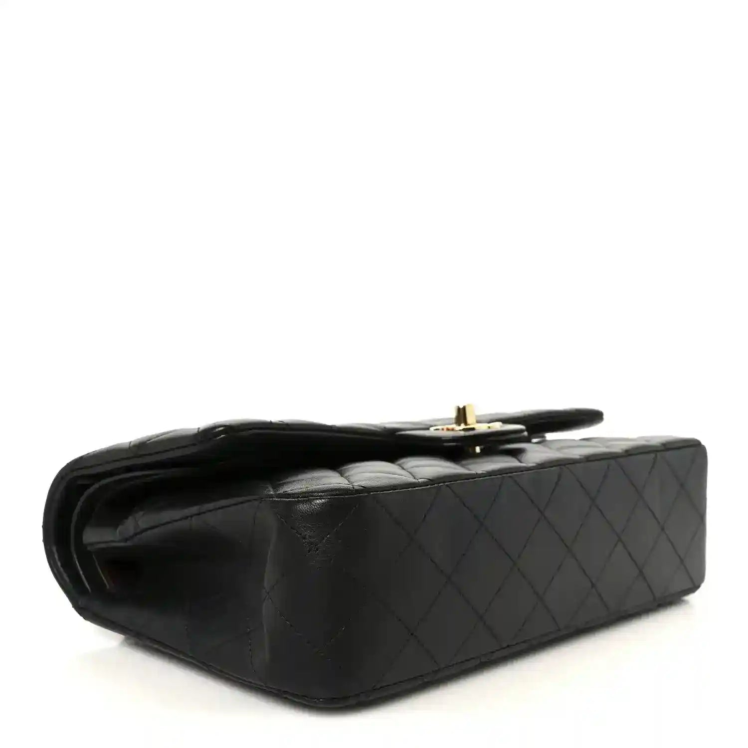 Chanel black quilted lambskin double flap bag, side view with gold hardware