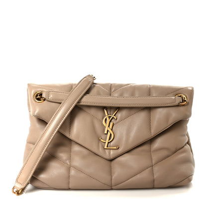 Small puffer chain satchel in dark beige with YSL logo clasp and shoulder strap