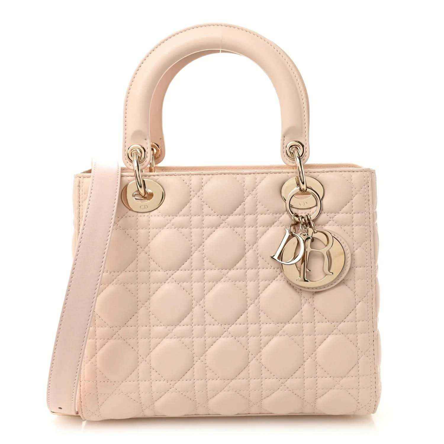 Powder pink quilted handbag with dual handles and D-charm key holder, top zip.