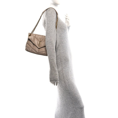Small puffer chain satchel in dark beige with chain strap, side view