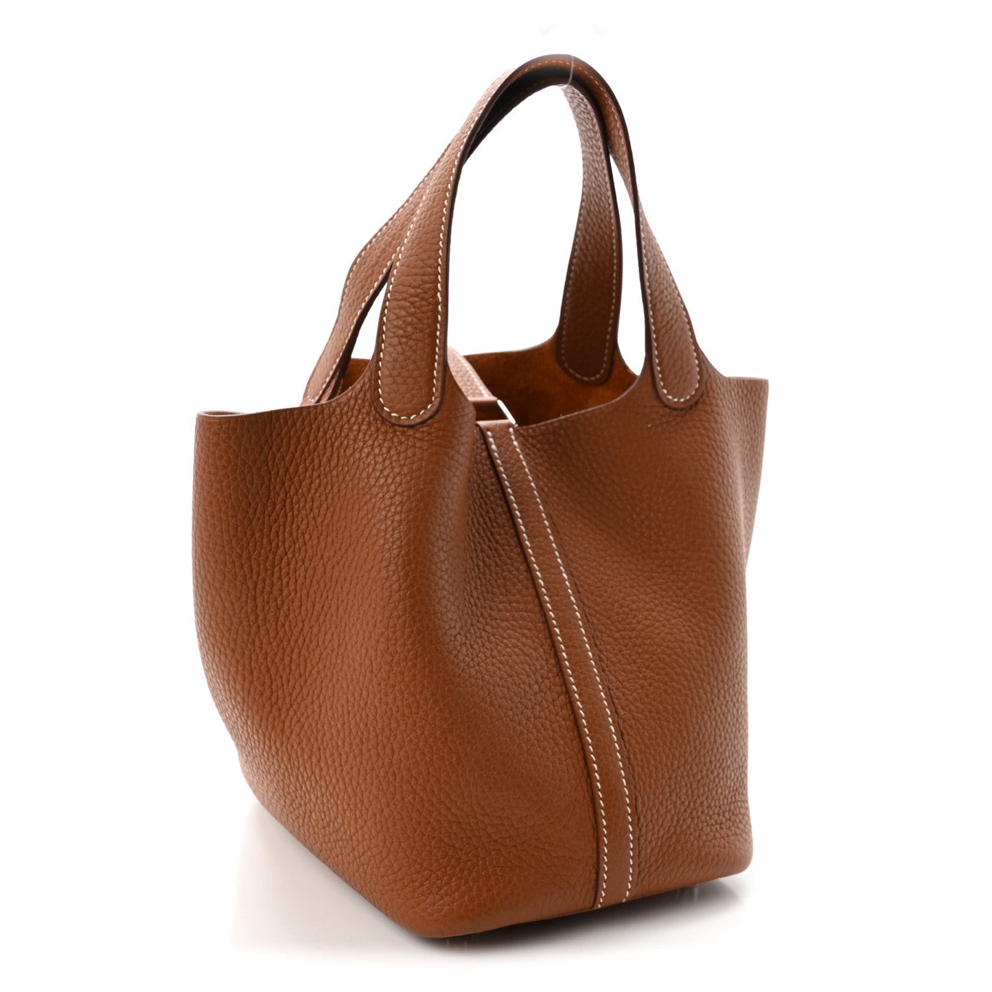 Cognac brown leather tote bag with structured body and contrast topstitch detail
