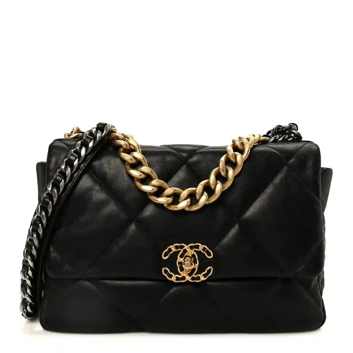 Quilted black leather flap bag with gold-tone chain and front logo clasp