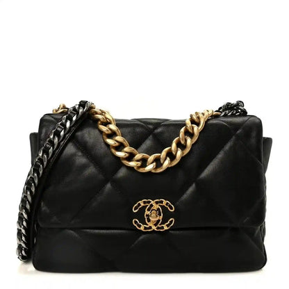 Quilted black leather flap bag with gold-tone chain and front logo clasp