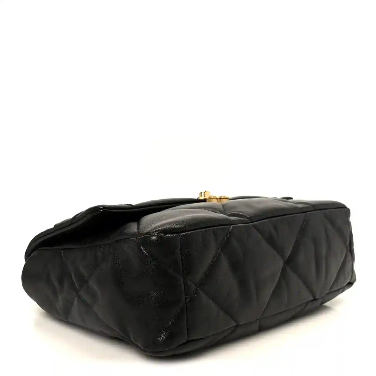 Black quilted leather flap bag base view with diamond stitching