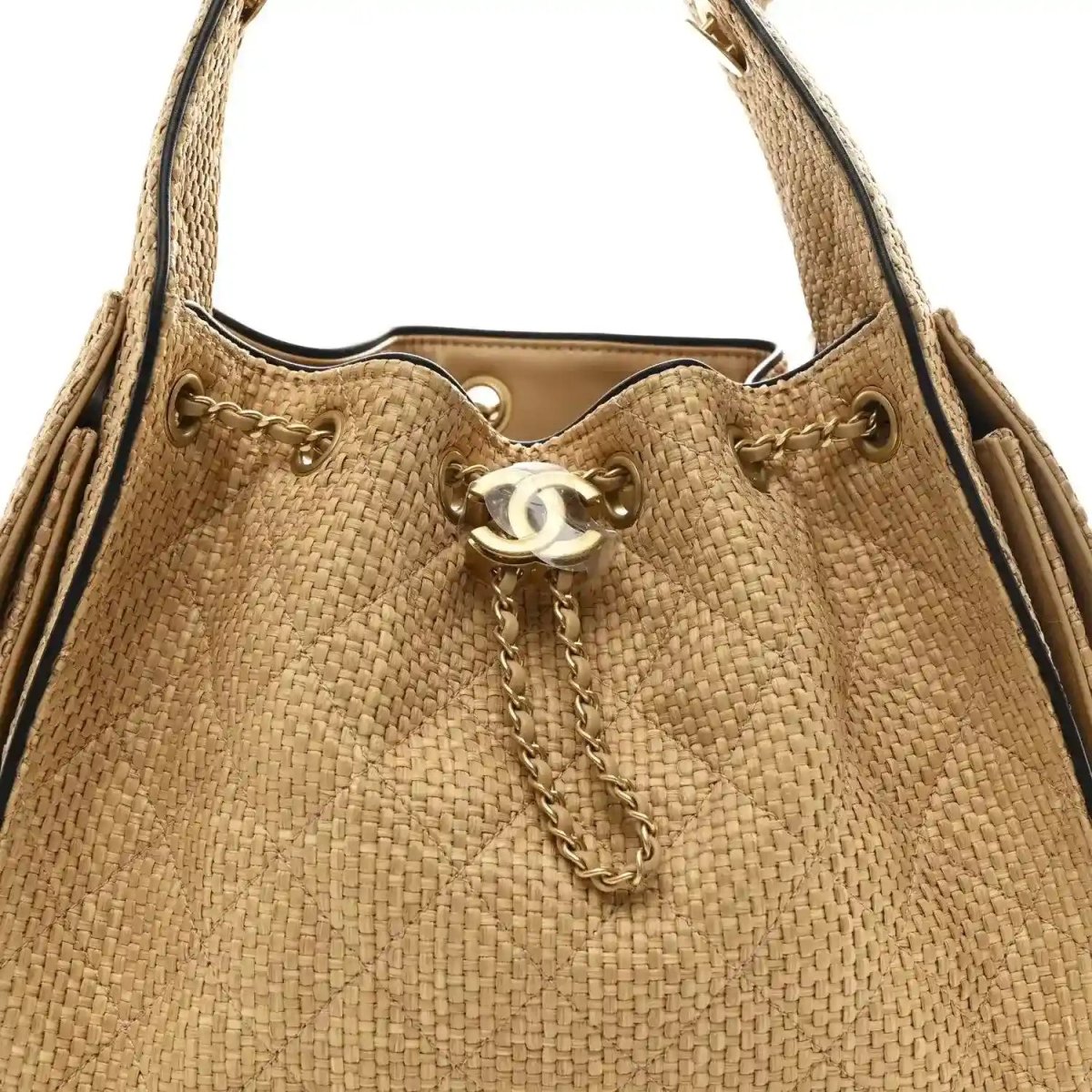 Beige braided raffia handbag top with CC logo charm and chain shoulder straps
