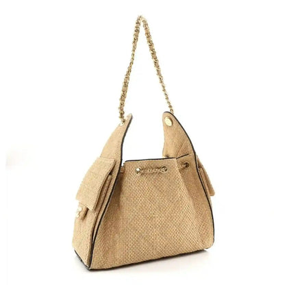 Beige braided raffia Chanel-style handbag with chain strap and black leather accents