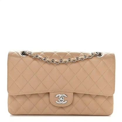Chanel beige quilted caviar double-flap shoulder bag with chain strap and CC clasp