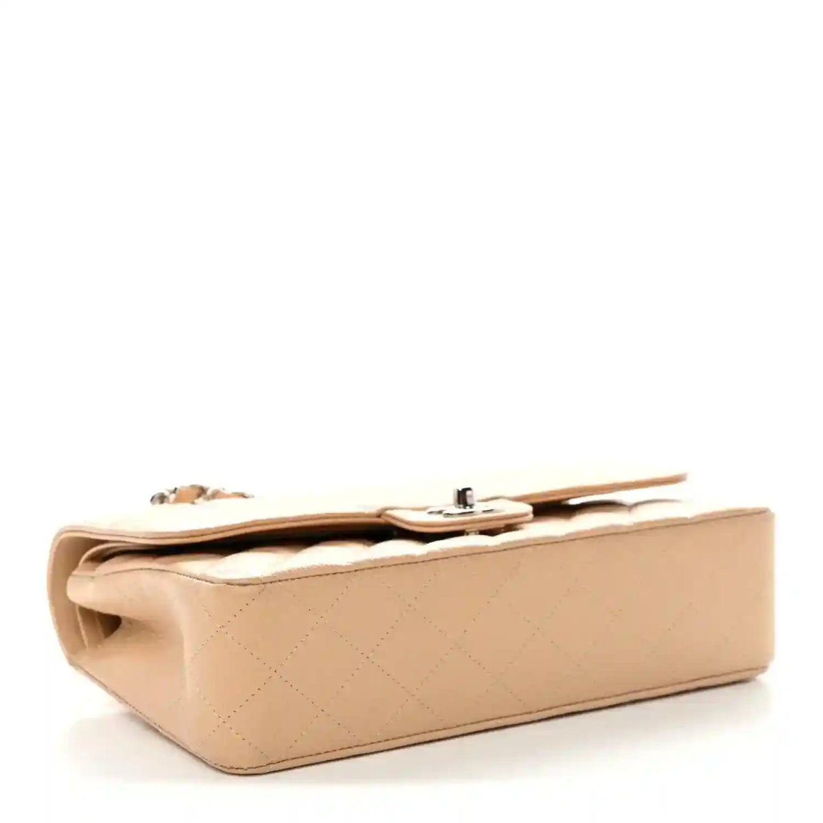 Chanel beige quilted caviar medium shoulder bag, back corner view with clasp