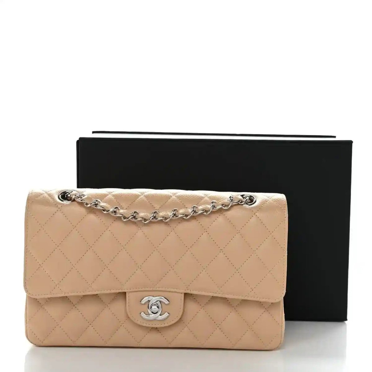 Beige quilted double-flap shoulder bag with Chanel logo and chain strap