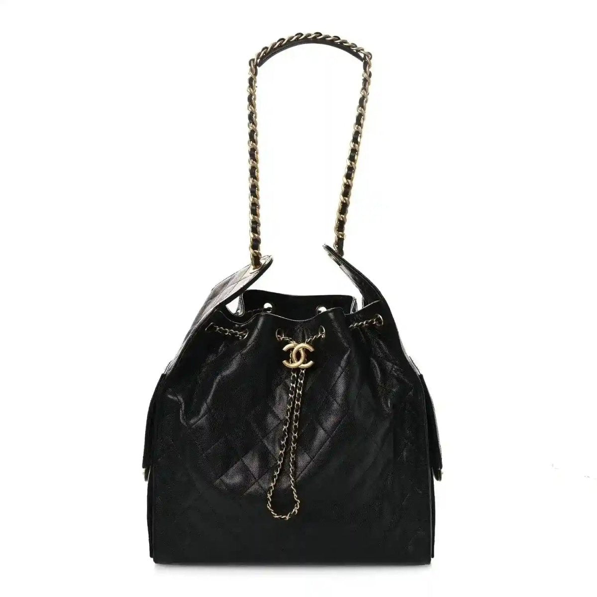 Black quilted leather handbag with chain top handle and drawstring opening