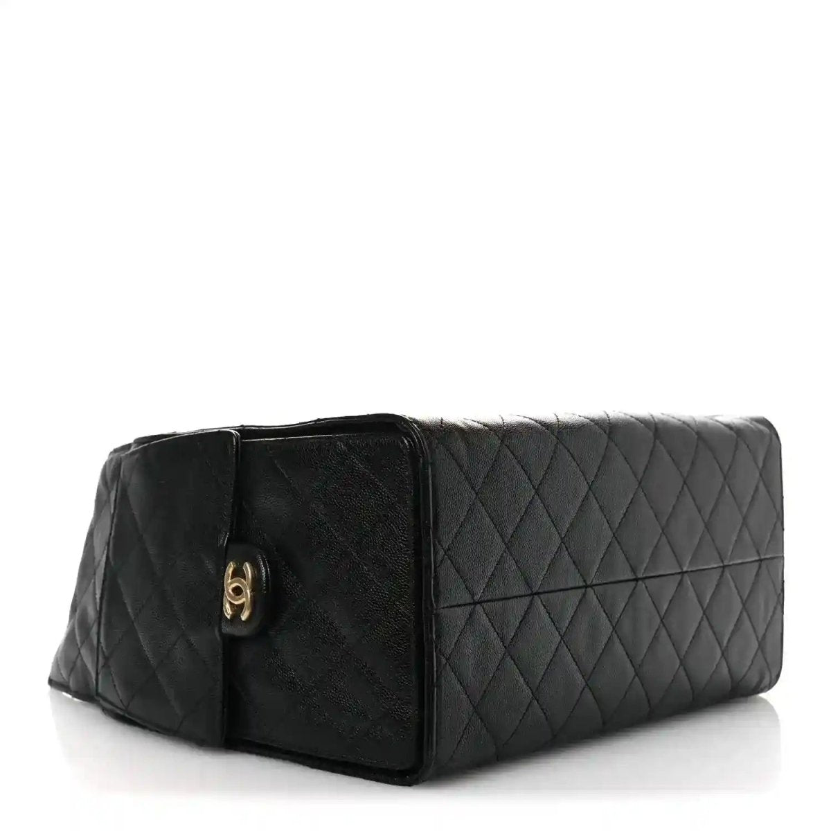 Black quilted leather shoulder bag with front clasp and gold emblem