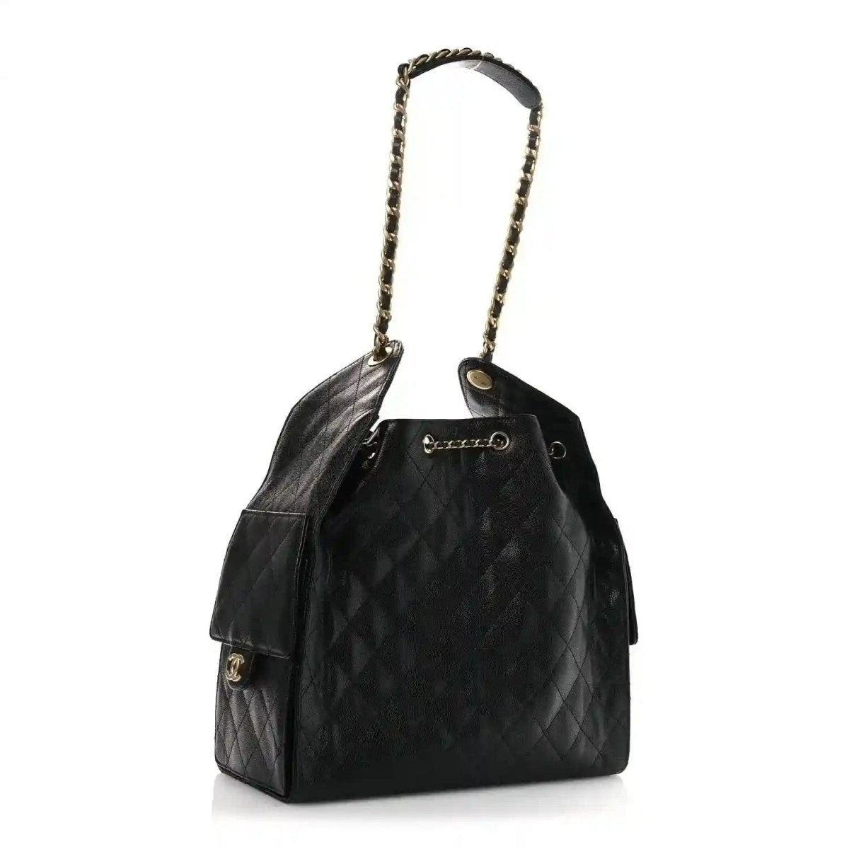 Black quilted leather handbag with chain handle and rectangular front flap