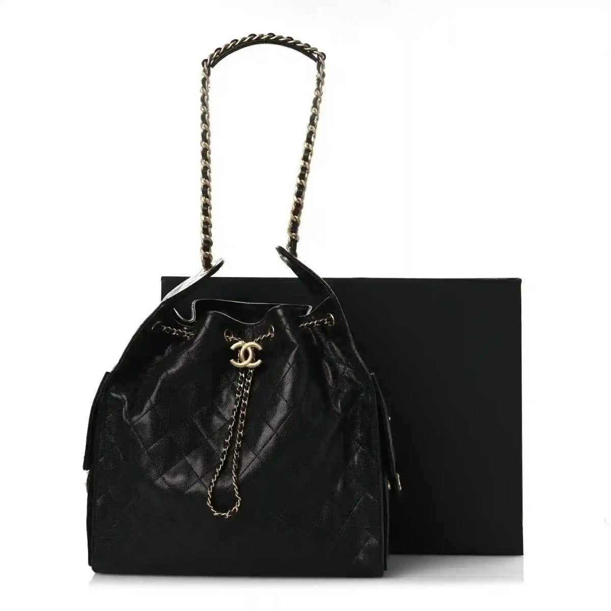 Black quilted leather drawstring handbag with chain shoulder strap and Chanel CC emblem