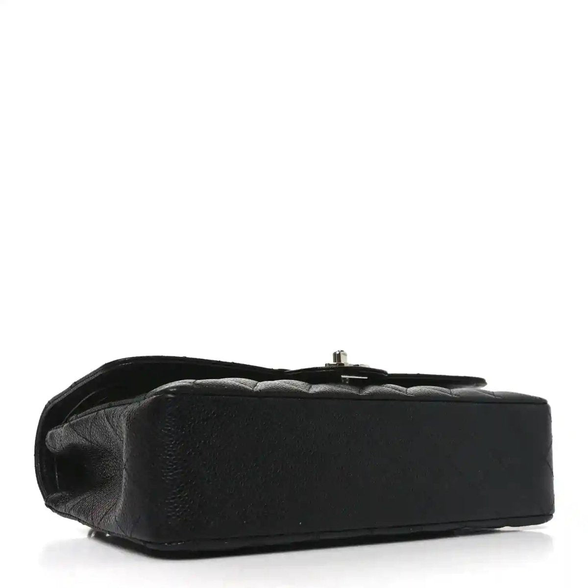 Black quilted leather flap bag bottom and side view with metal post hardware
