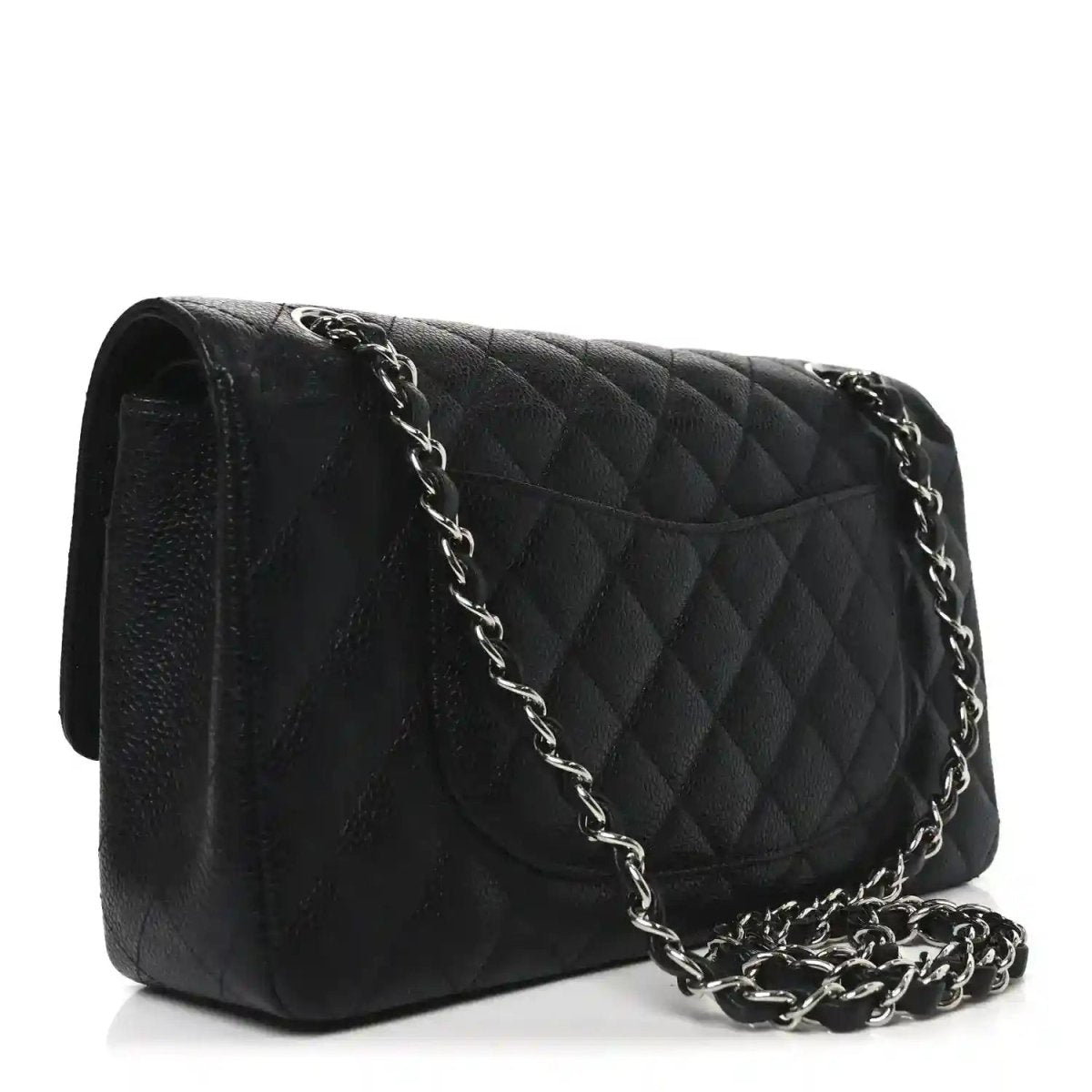 Black quilted leather shoulder bag with silver-tone chain strap and turn-lock flap