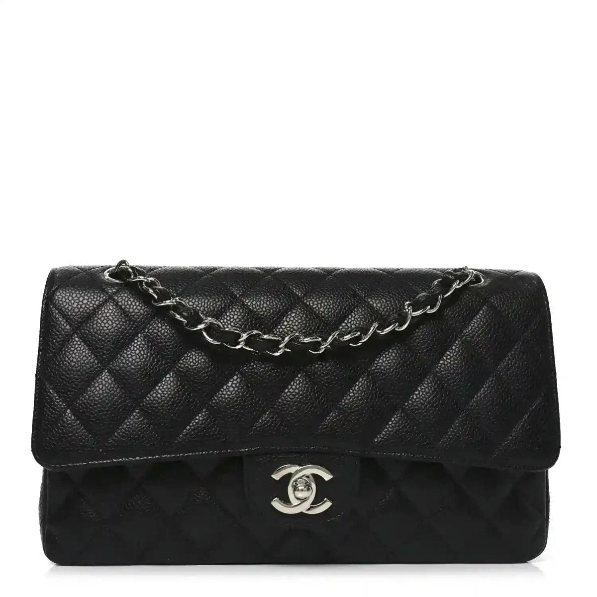 Black quilted leather Chanel flap bag with silver-tone chain strap and CC logo