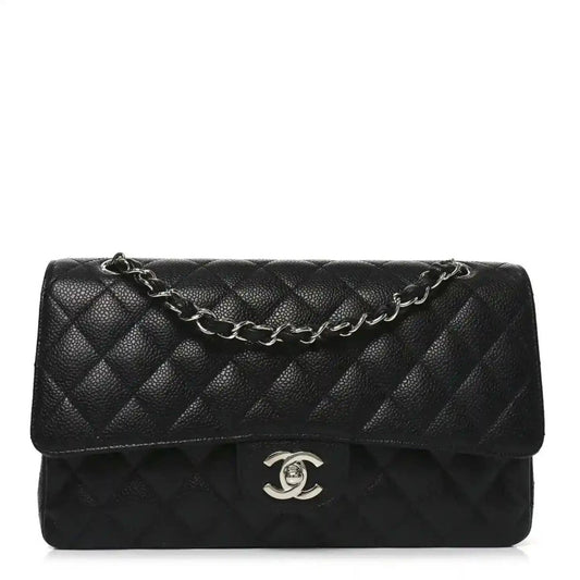 Black quilted leather Chanel flap bag with silver-tone chain strap and CC logo