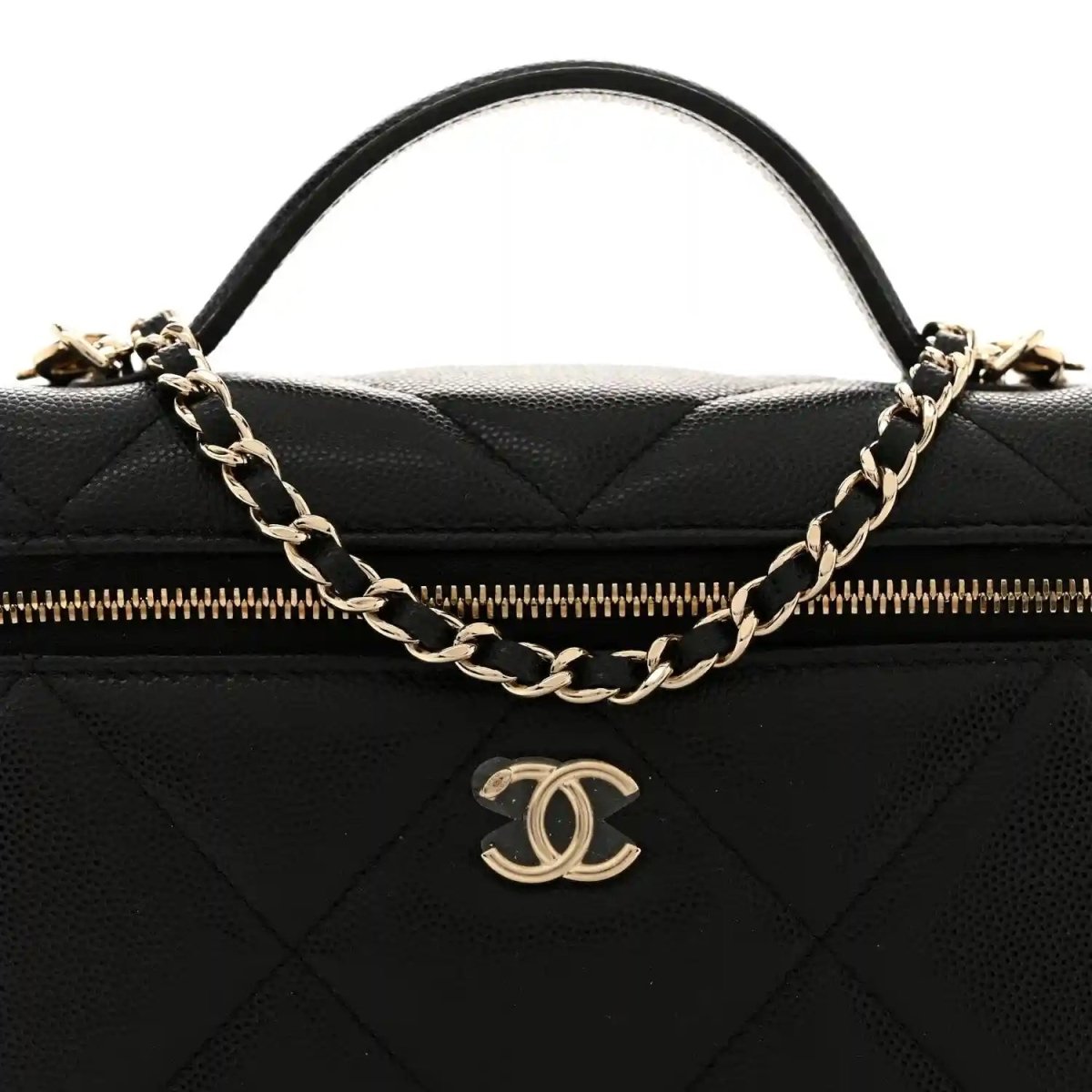 Black quilted leather slim vanity bag with gold chain, top zipper, and CC logo