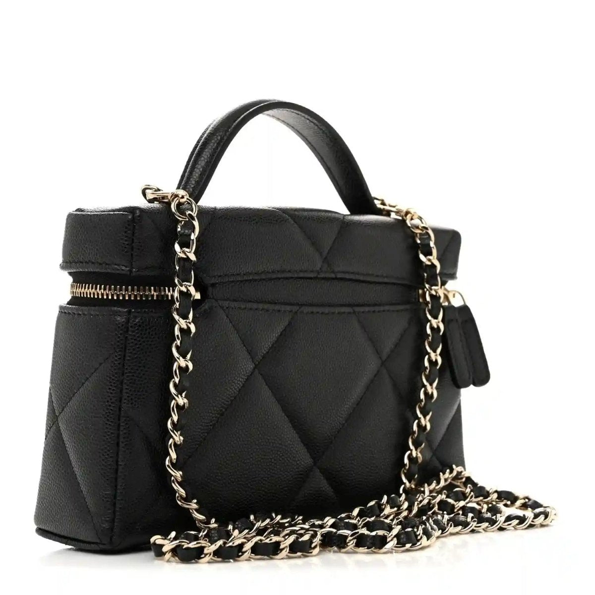 Black quilted leather slim vanity bag with gold chain strap and zipper top