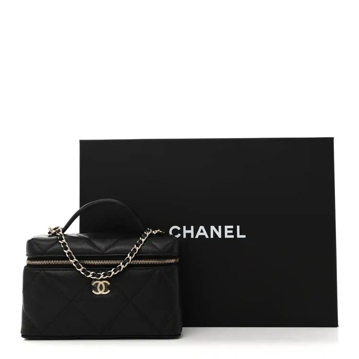 Black quilted leather slim vanity bag with gold chain and zipper, Chanel logo