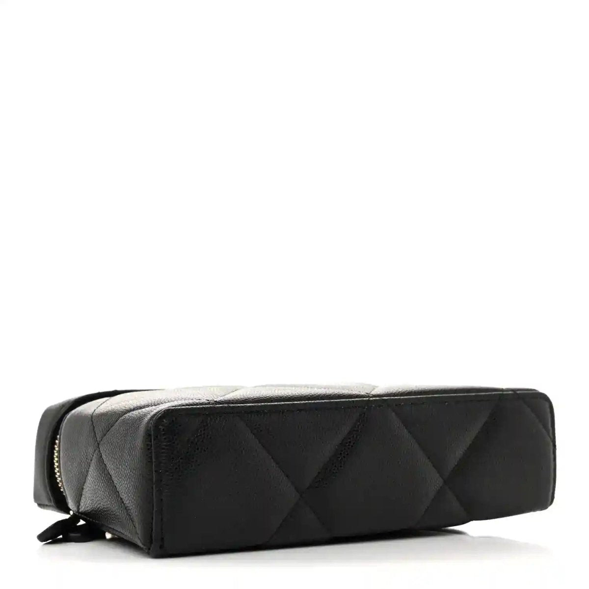 Black quilted leather slim vanity bag with curved top and zipper detailing