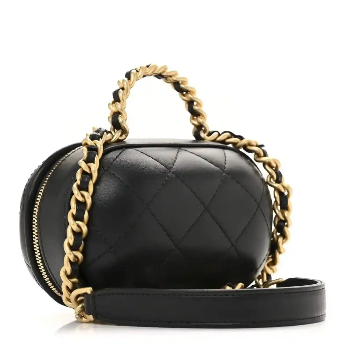 Black quilted vanity chain case with gold zipper and gold chain strap, side view