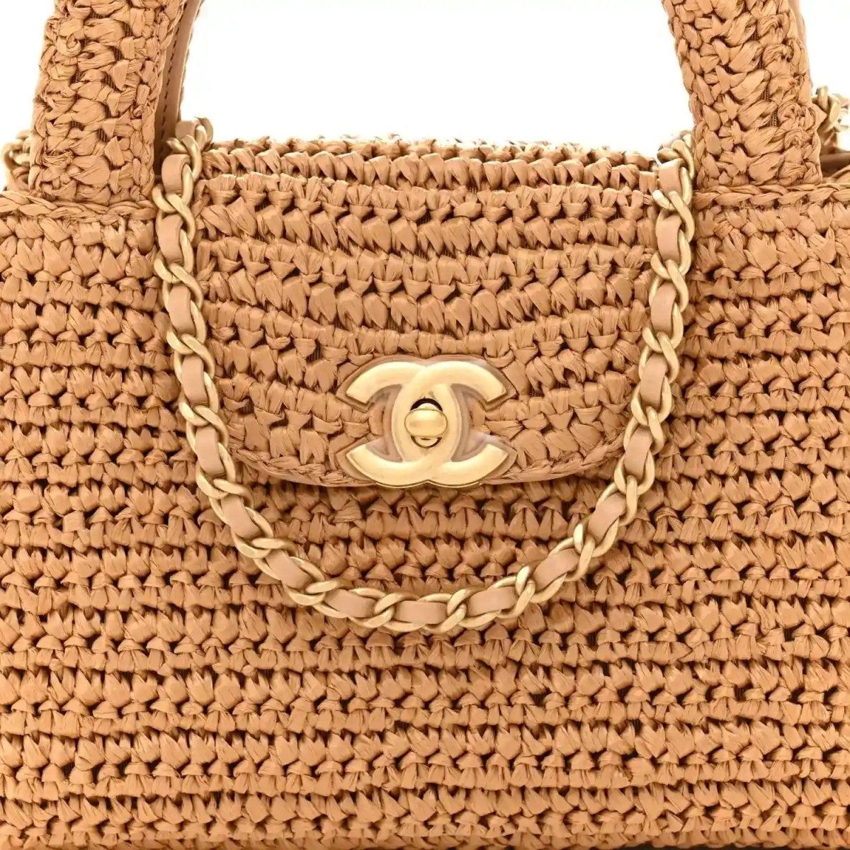 Dark beige braided raffia flap nano bag with Chanel turn-lock and chain strap