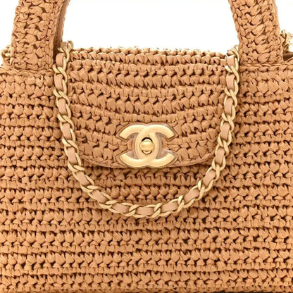 Dark beige braided raffia flap nano bag with Chanel turn-lock and chain strap