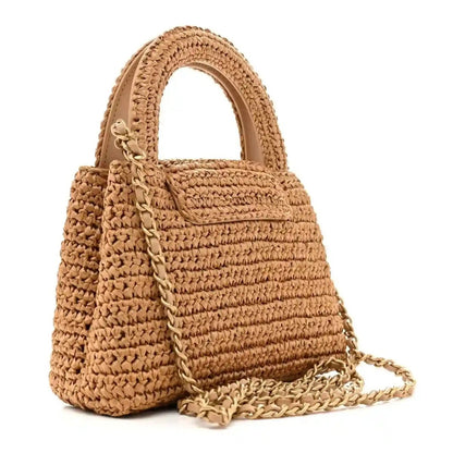 Dark beige braided raffia mini shoulder bag with chain strap and gathered flap