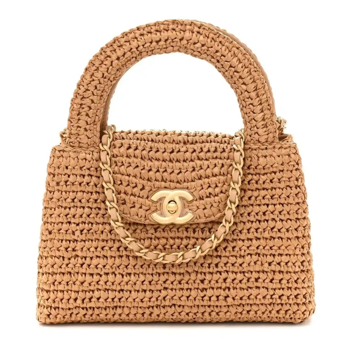 Dark beige braided raffia nano flap bag with Chanel turn-lock and chain strap