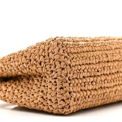 Dark beige braided raffia bag, rounded corner with dense crochet texture