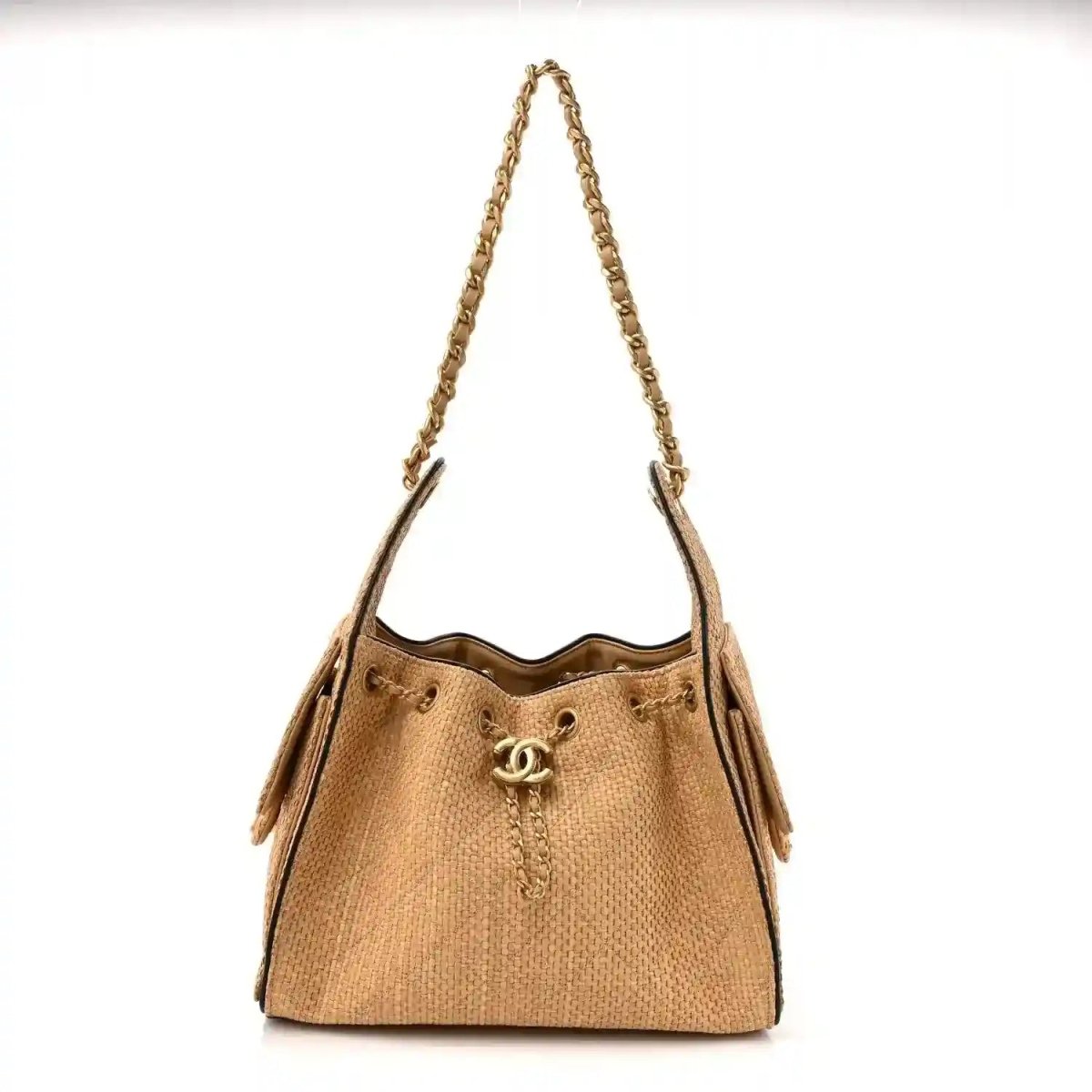 Beige raffia quilted small handbag with braided chain handles and CC emblem charm