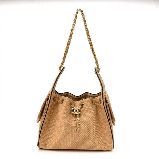 Beige raffia quilted small handbag with braided chain handles and CC emblem charm