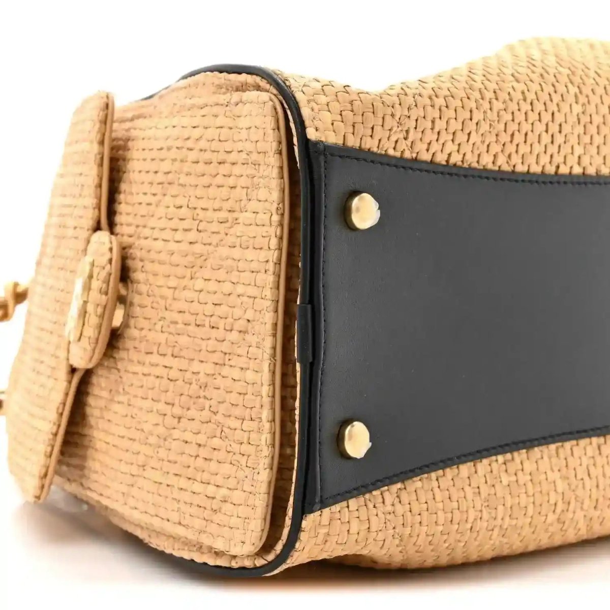 Beige raffia small handbag with black side band and gold snap studs