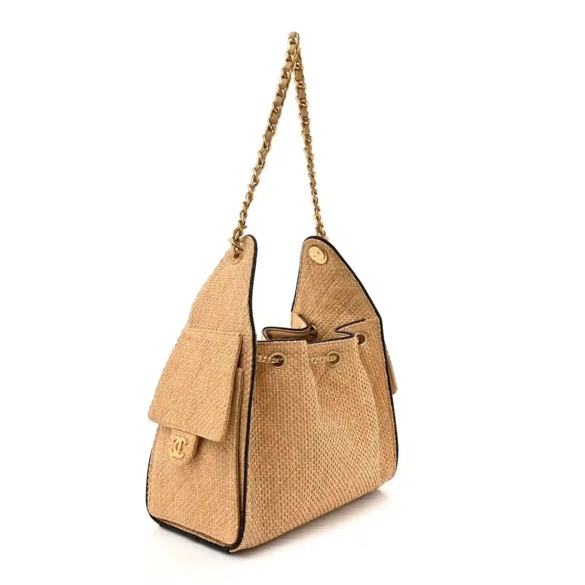 Beige raffia small handbag with braided chain handles and curved black trim