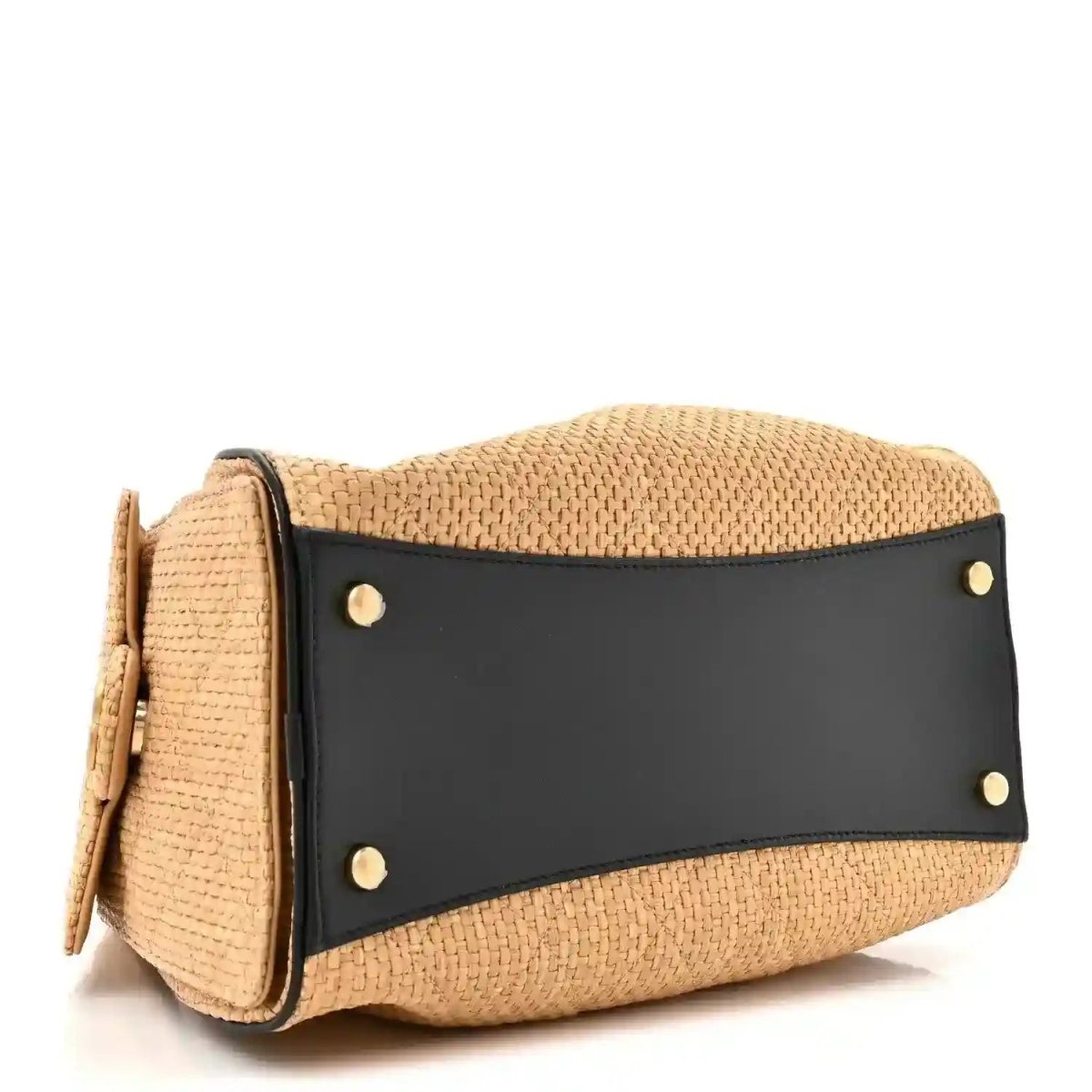 Beige raffia small handbag with black front band and gold stud hardware