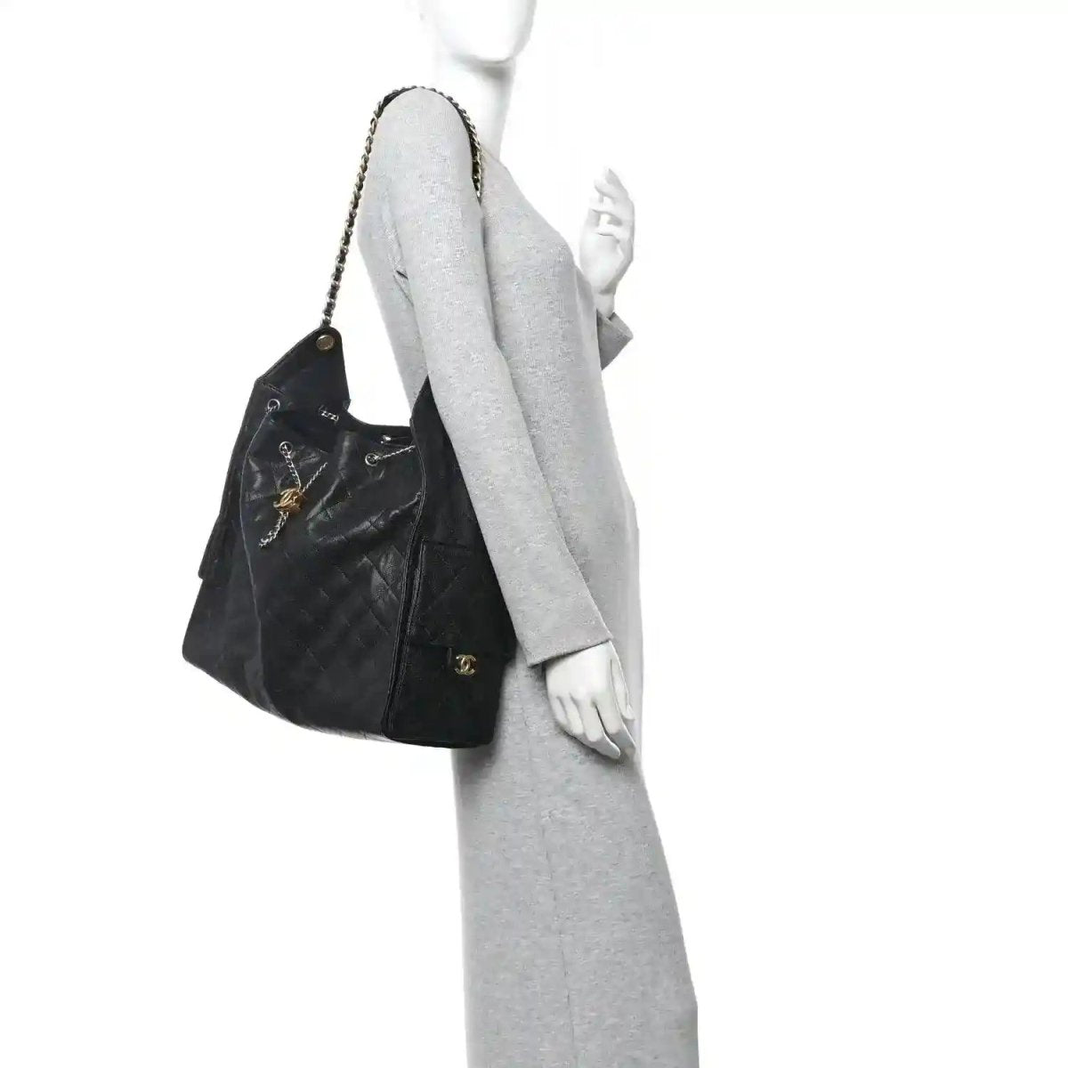 Black quilted shoulder handbag with chain strap and front logo detail