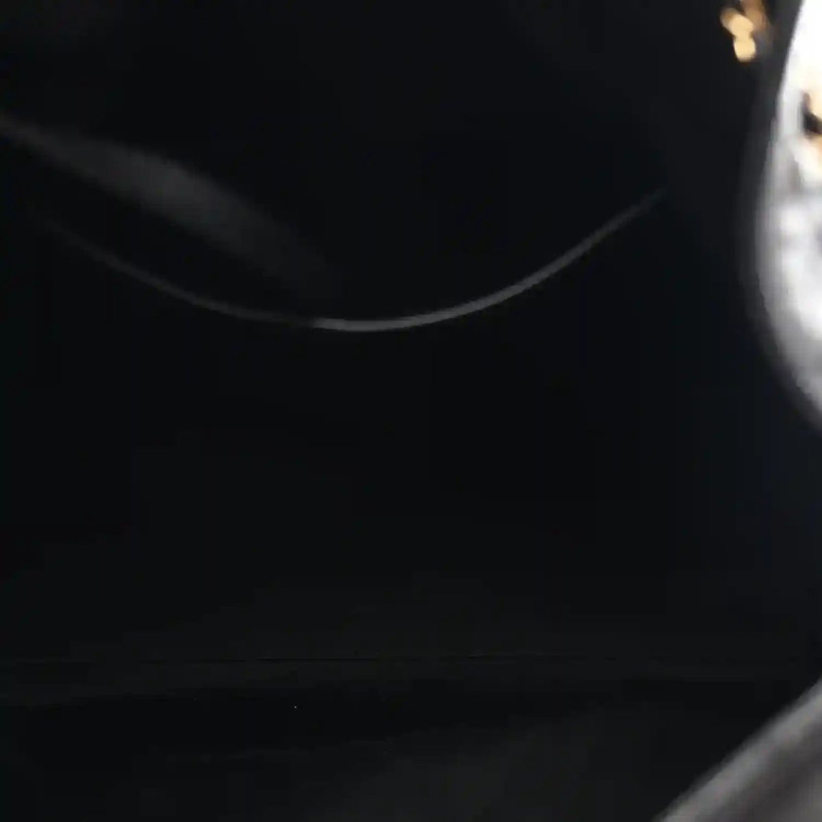 Black leather interior curve with visible stitching along the handbag opening