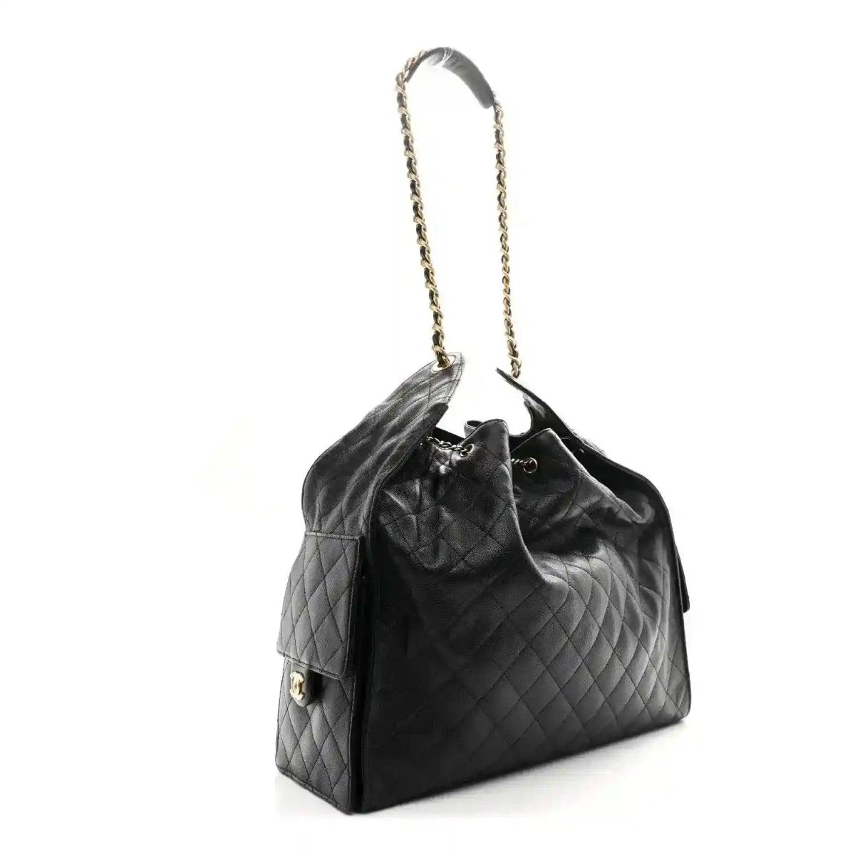 Black quilted handbag with chain handle and gold-tone side hardware