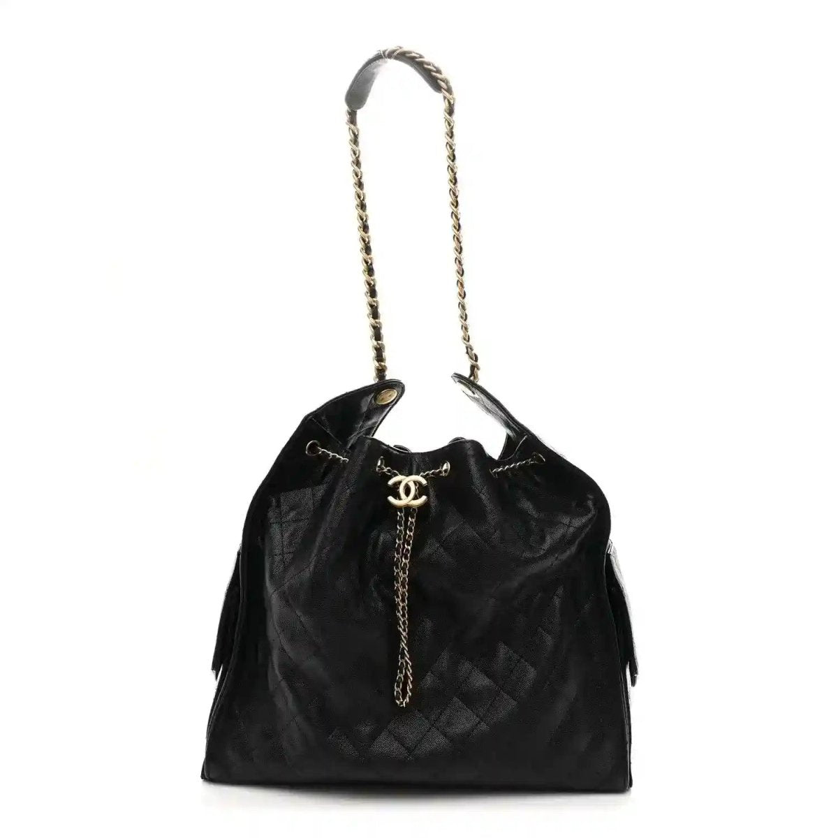 Black quilted leather handbag with chain handles, CC logo, and tassel accents