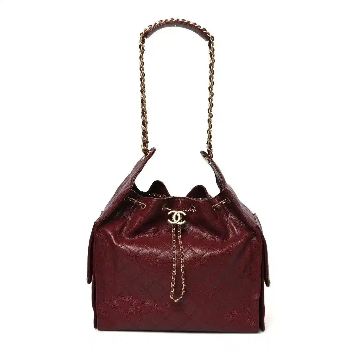 Burgundy quilted leather Chanel flap bag with chain handle and CC clasp