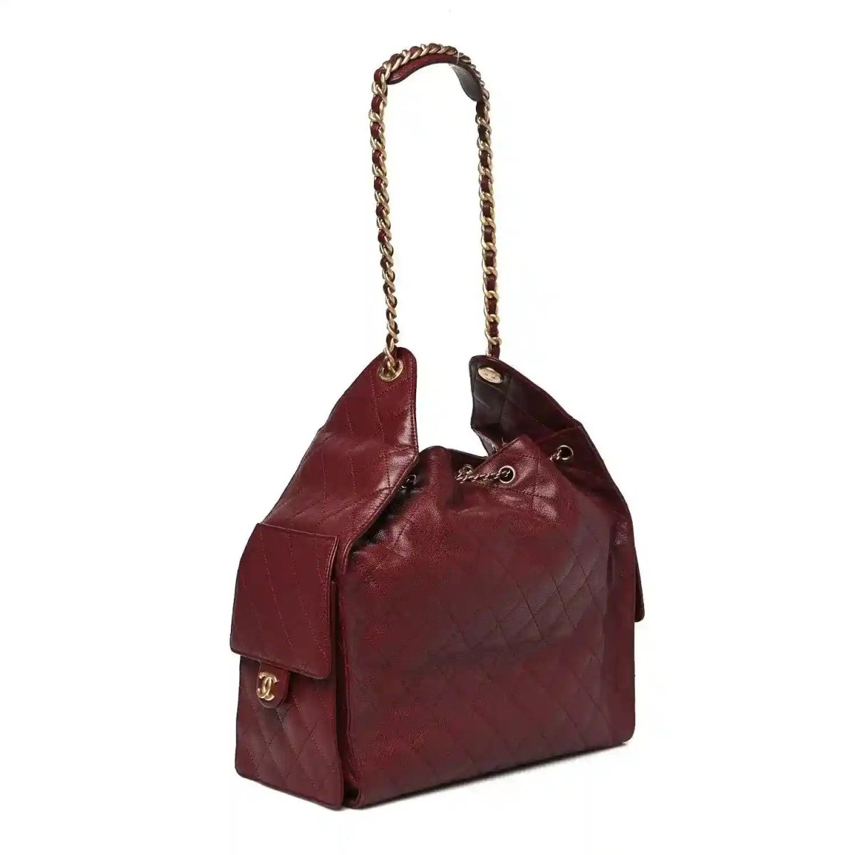 Burgundy quilted Chanel bag with chain handle and small front pocket