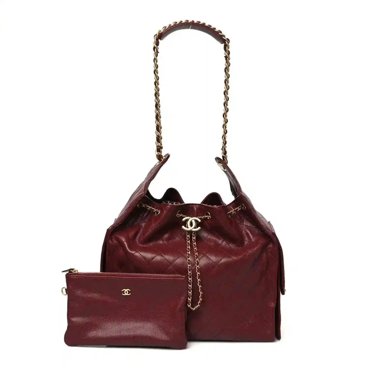Burgundy quilted Chanel bag with chain handle, CC clasp, and front pocket