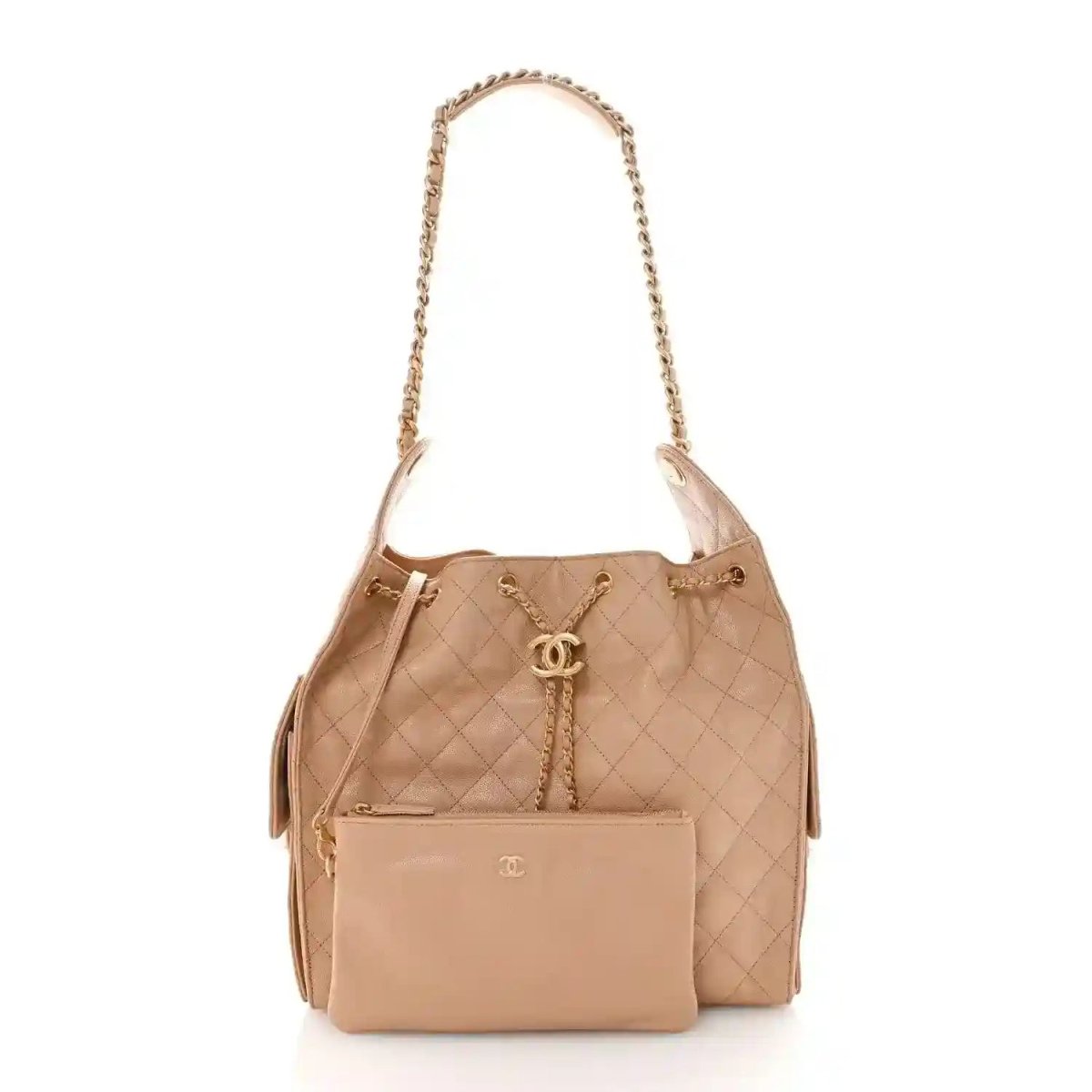 Beige quilted handbag with front zip pocket and CC logo medallion on chain