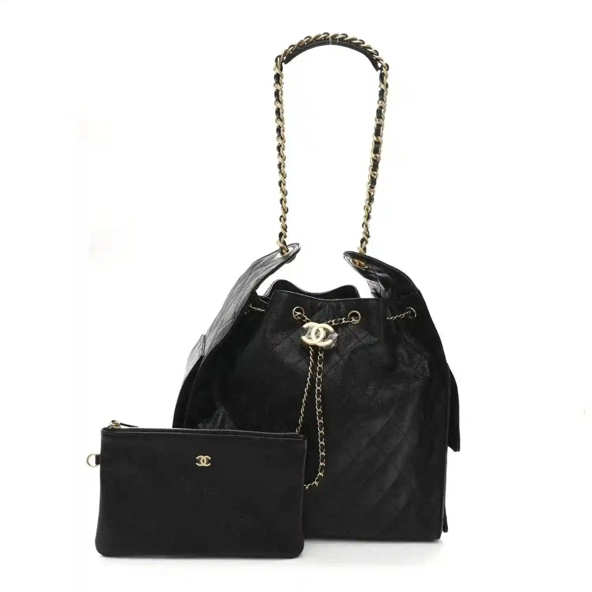 Black caviar quilted medium flap handbag with chain top handle and front emblem